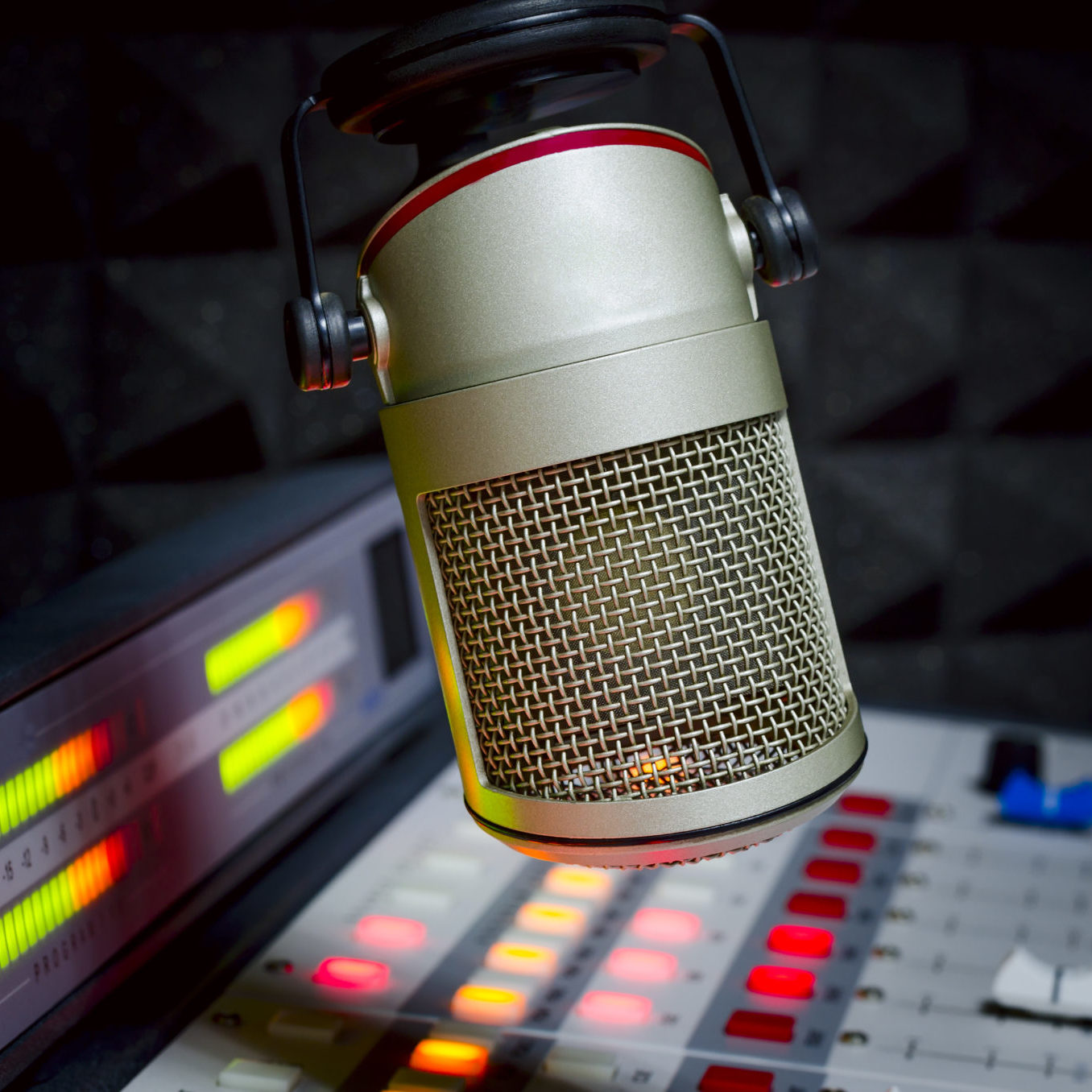 microphone and audio console in the dark radio studio